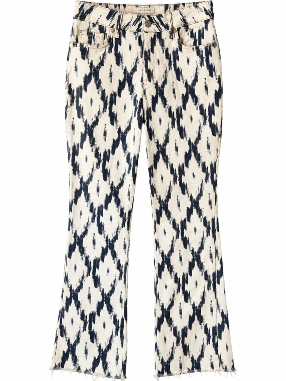FREE PEOPLE Indigo Skies Crop Flare Ikat Print Stretch Jeans White Navy 28 EUC